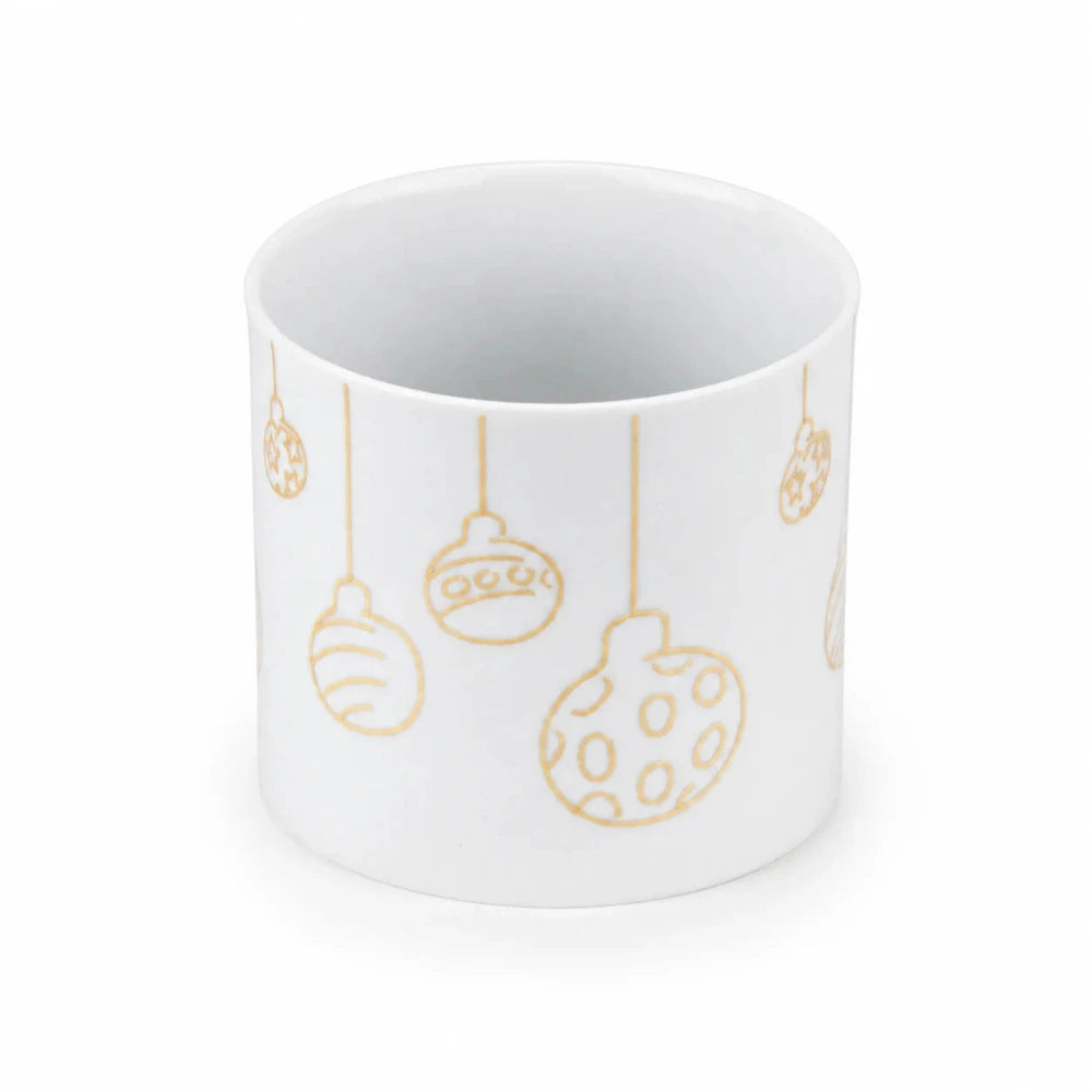 Porzellan Teelichthalter in Weiß mit goldenen Weihnachtskugel-Motiven, auch als kleine Vase verwendbar