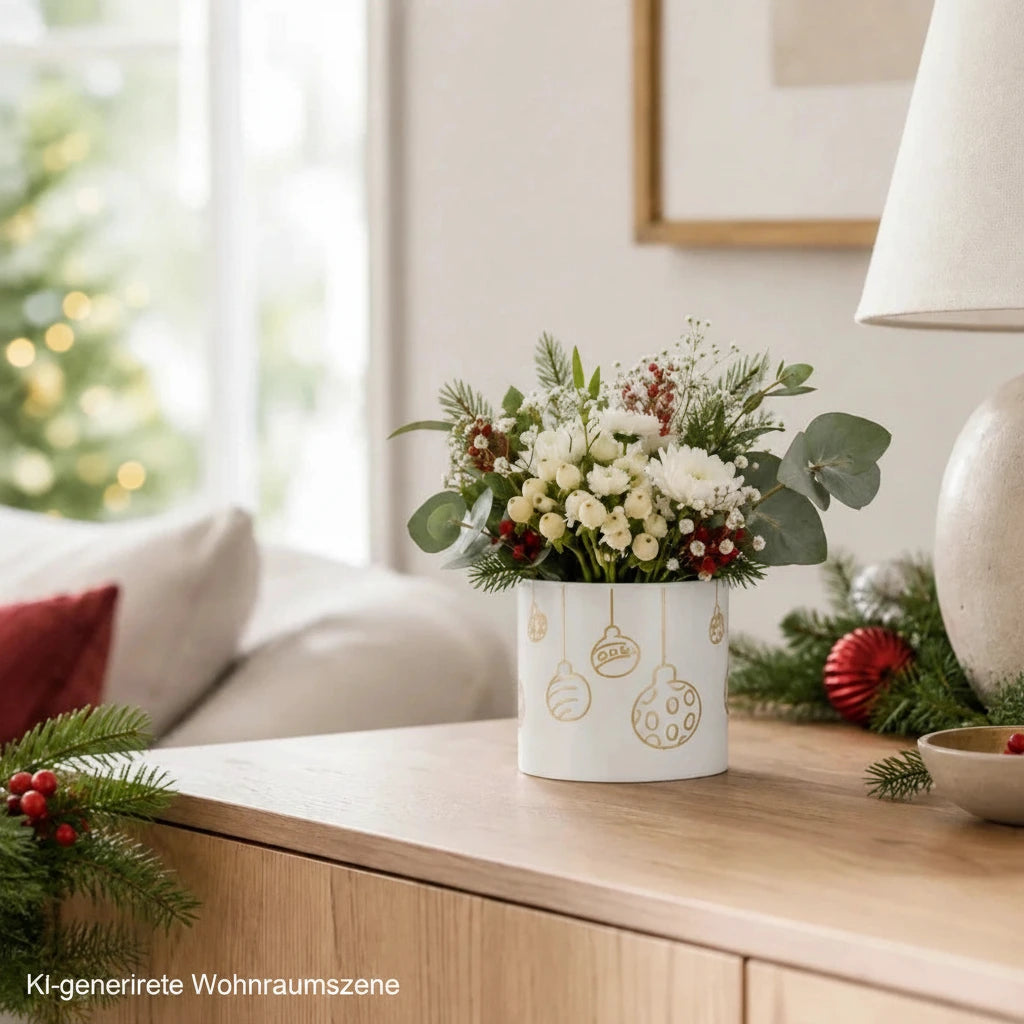 Weiß-goldene Porzellan Vase mit festlichem Blumenstrauß und roten sowie grünen Weihnachtsakzenten im Wohnzimmer