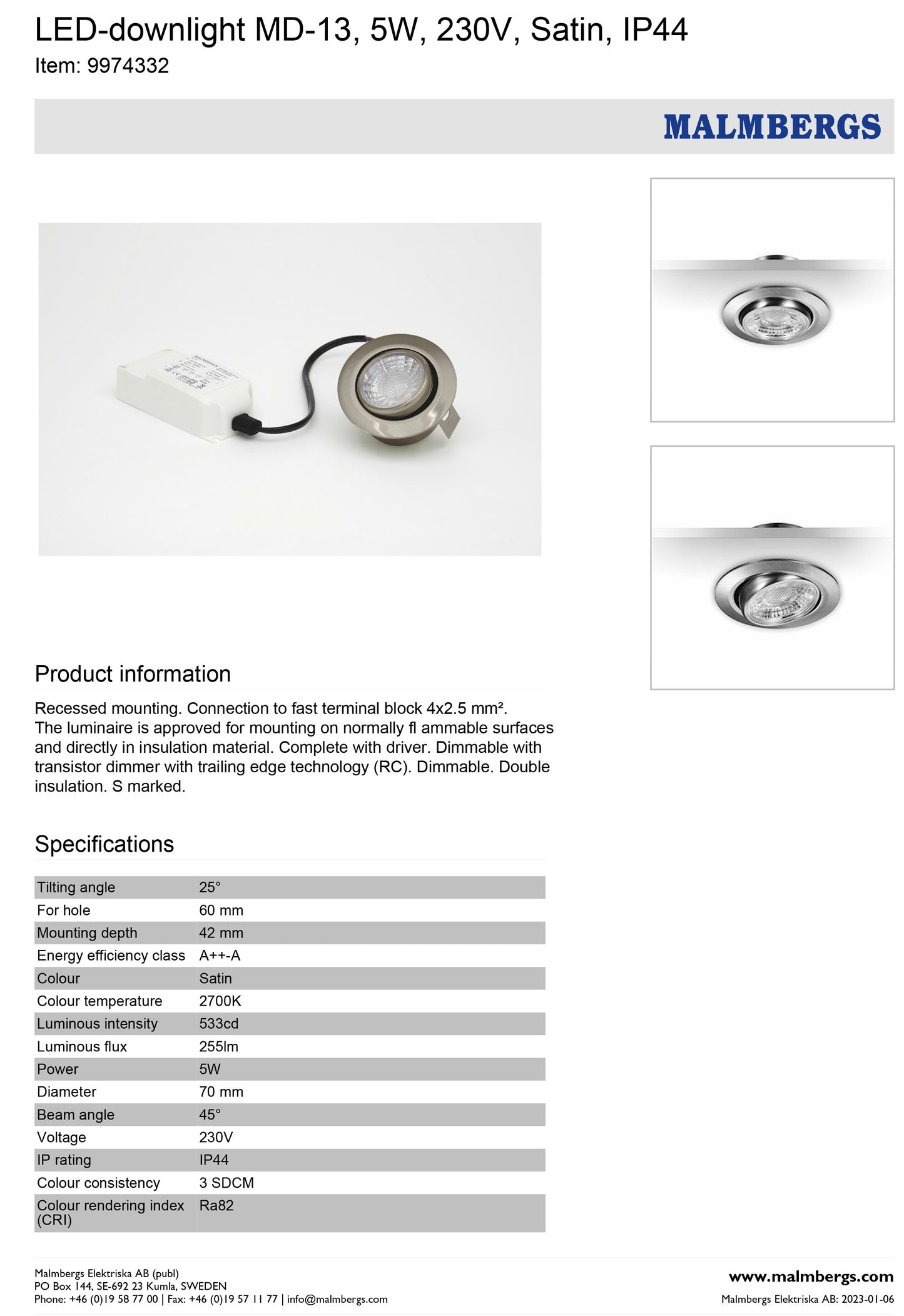 LED Einbaustrahler MD-13 Satin – 5 W, dimmbar, IP44, Ø 60 mm, ultra flach 42 mm, warmweiß 2700 K, inkl. Trafo | Malmbergs