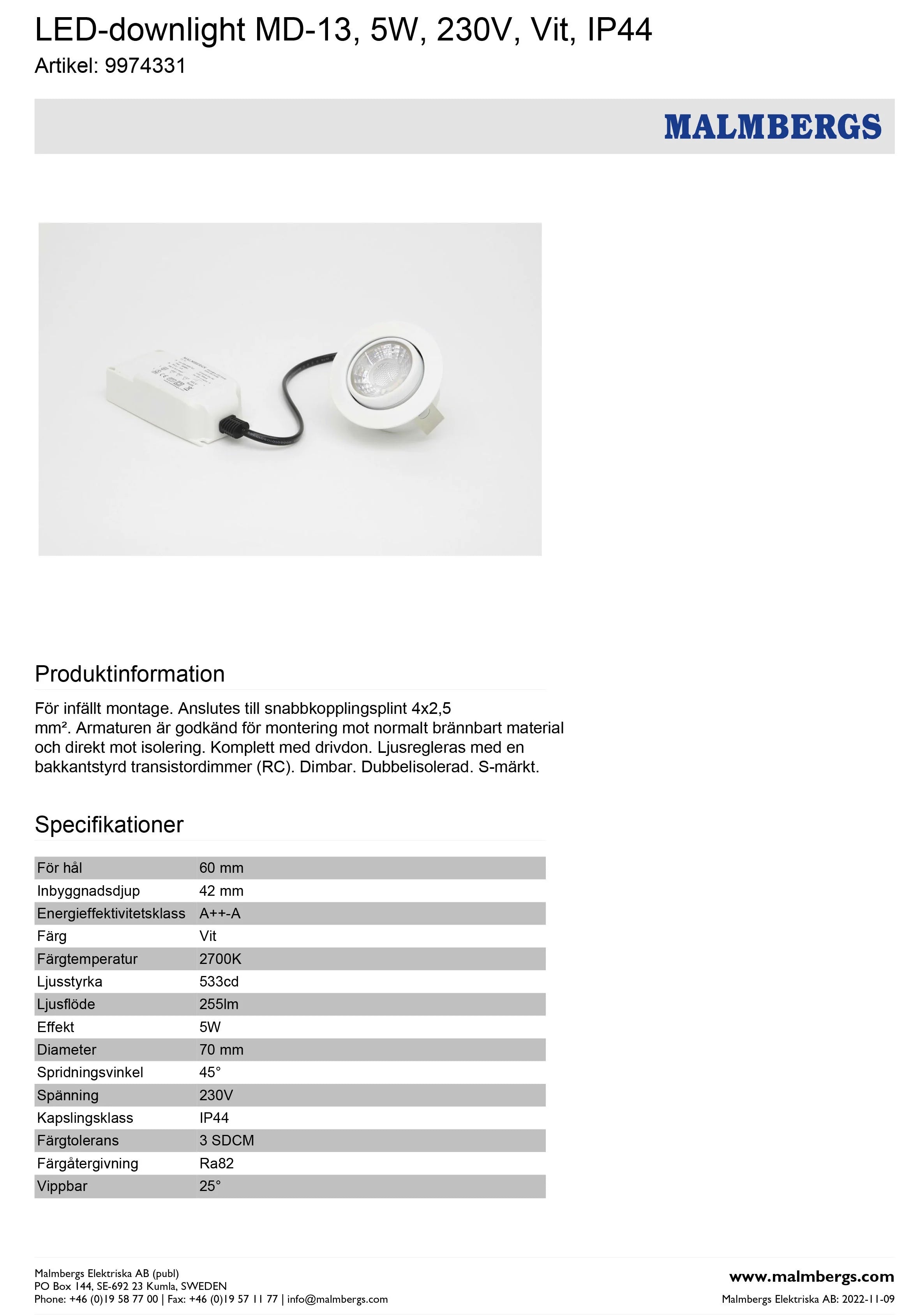 MD-13 LED Spot Downlight 42mm 70mm 60mm warmweiß 2700K dimmbar möbeleinbauleuchte MM malmbergs 9974331 7392529130478