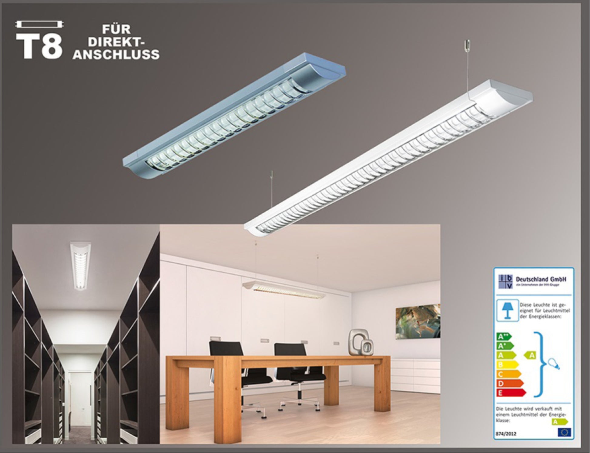 Zweckmäßige Rasterleuchte T8 2x36W mit EVG, silberfarben