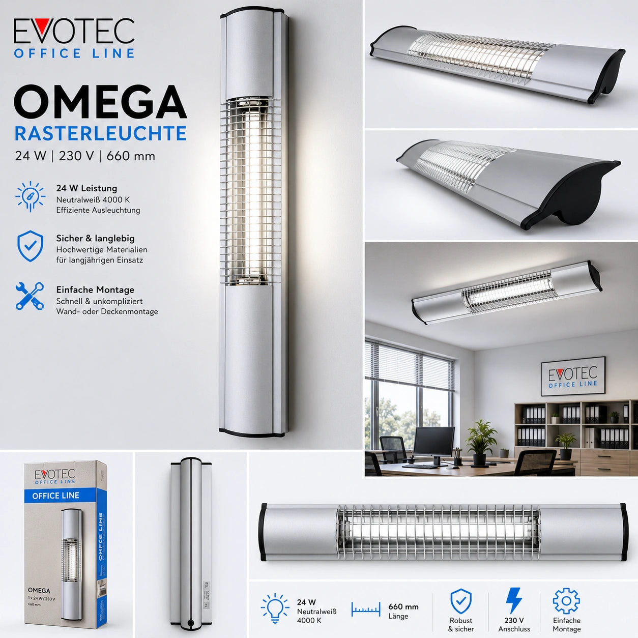 Rasterleuchte 66cm neutralweiß Omega 24W Anbauleuchte Arbeitsleuchte Deckenlampe evotec büroleuchte mit vorschaltgerät 2g11 leuchtmittel 4000K auswechselbar23v ,ade in germany auch für seilabhängung 