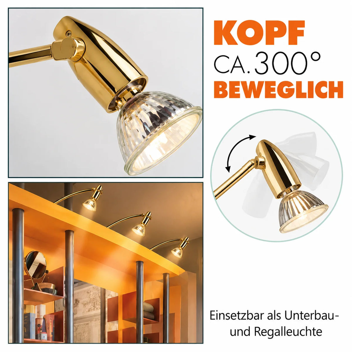 Goldfarbene Möbel-Aufbauspots mit 300 Grad beweglichen Leuchtenköpfen zur Beleuchtung von Kleiderschränken und Bücherregalen