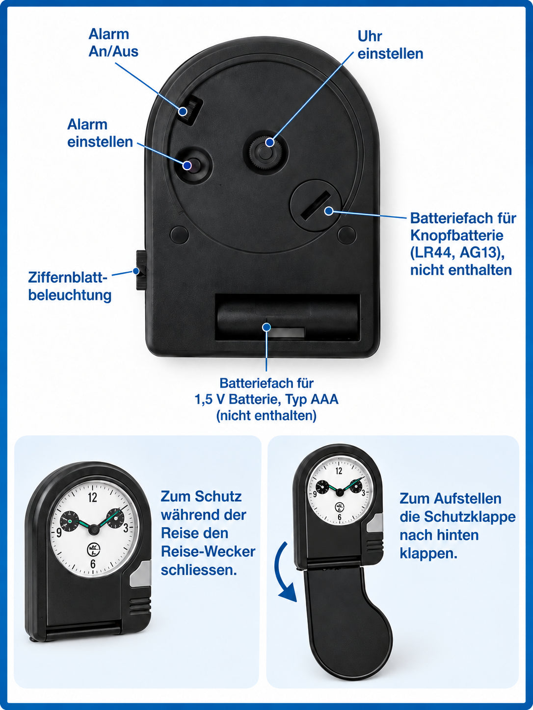 Klappbarer analoger Reisewecker mit beschrifteter Rückseite, Bedienelementen sowie Batterie­fächern für AAA- und LR44/AG13-Knopfbatterie.