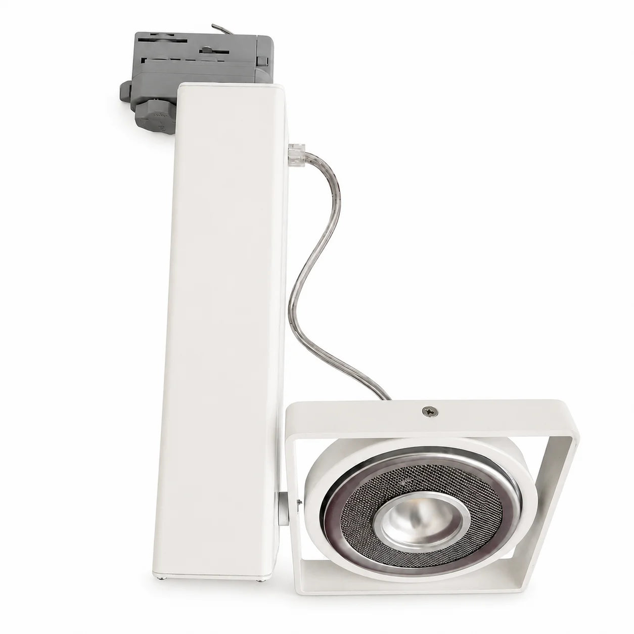 Relco Axolute 1 LED 3-Phasen-Strahler in Weiß, Draufsicht auf Schienenadapter, Gehäuse, Anschlusskabel und rückseitigen Kühlkörper