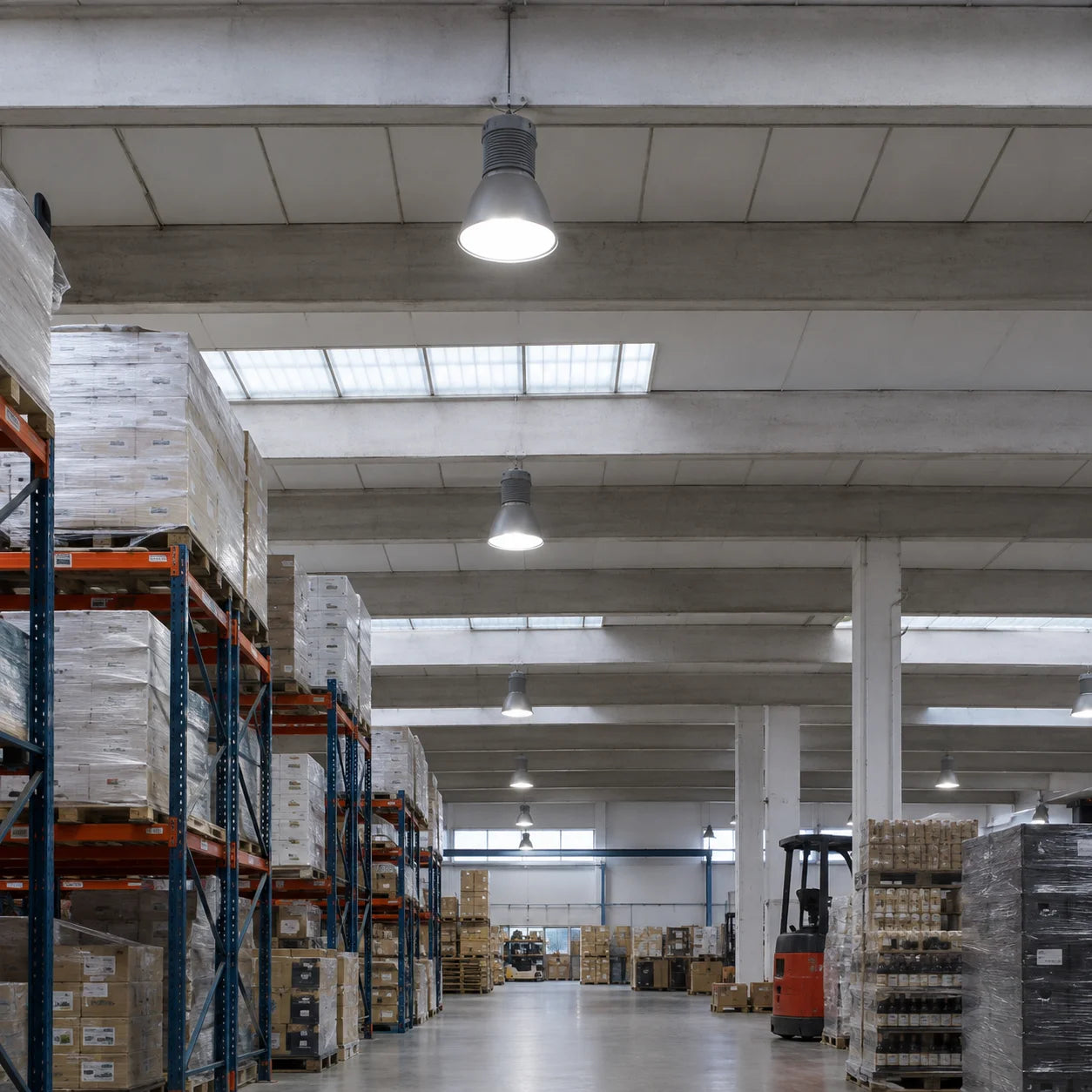 Relco Luxxi 500 LED-Hallenleuchten 105W 4000K als Hallenbeleuchtung in einer großen Industrie- und Lagerhalle