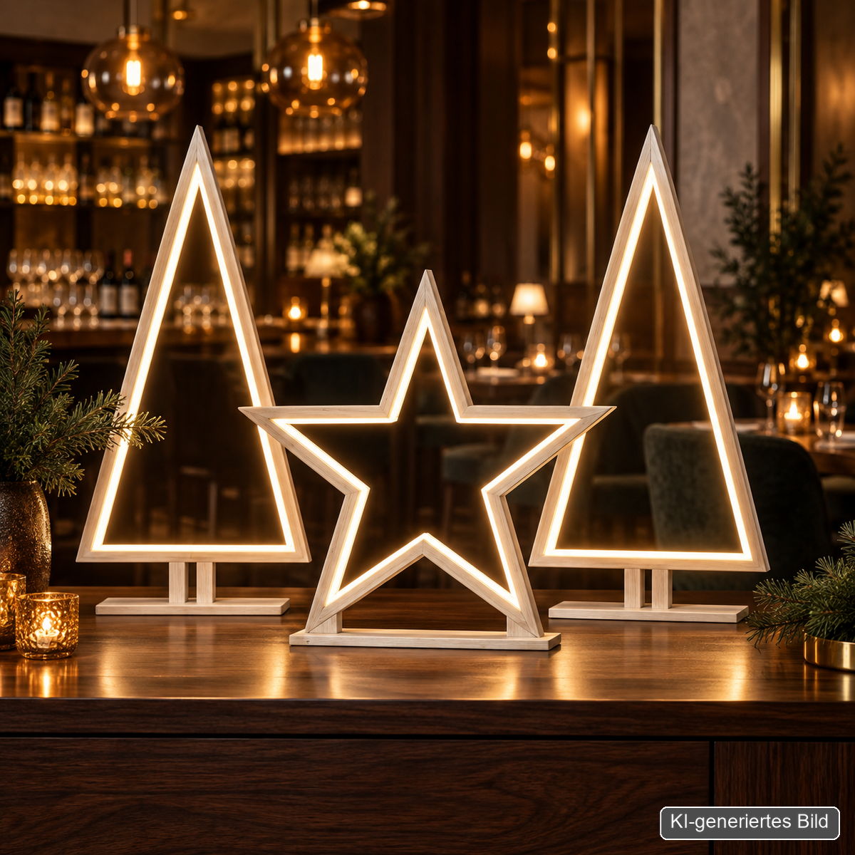 Sompex Pine und Lucy LED-Weihnachtsdeko in einer eleganten Restaurant-Bar