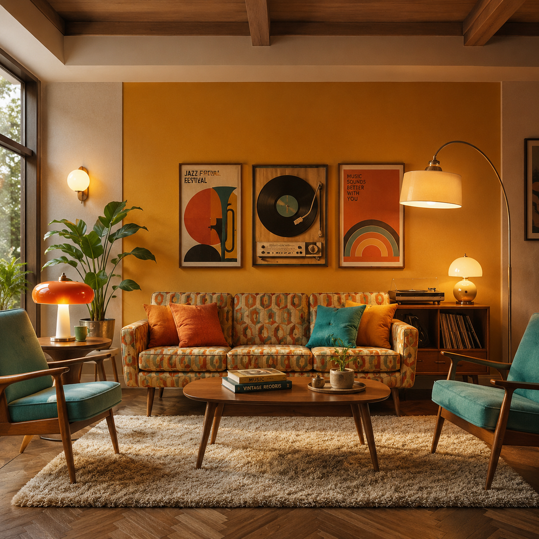 Retro-Wohnzimmer mit gemustertem Sofa, Stehlampe, Tischlampen und Wandlampe in warmen Farben.
