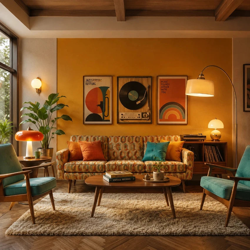 Retro-Wohnzimmer im Mid-Century-Stil mit Stehlampe, Tischlampen, Wandleuchte und orangefarbener Akzentwand.