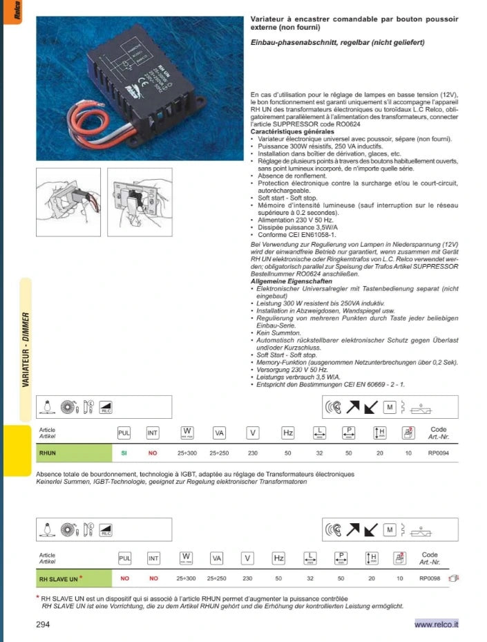 Relco RHUN Dimmer RP0094 – Einbau Dimm-Modul 25–300W 230V anleitung