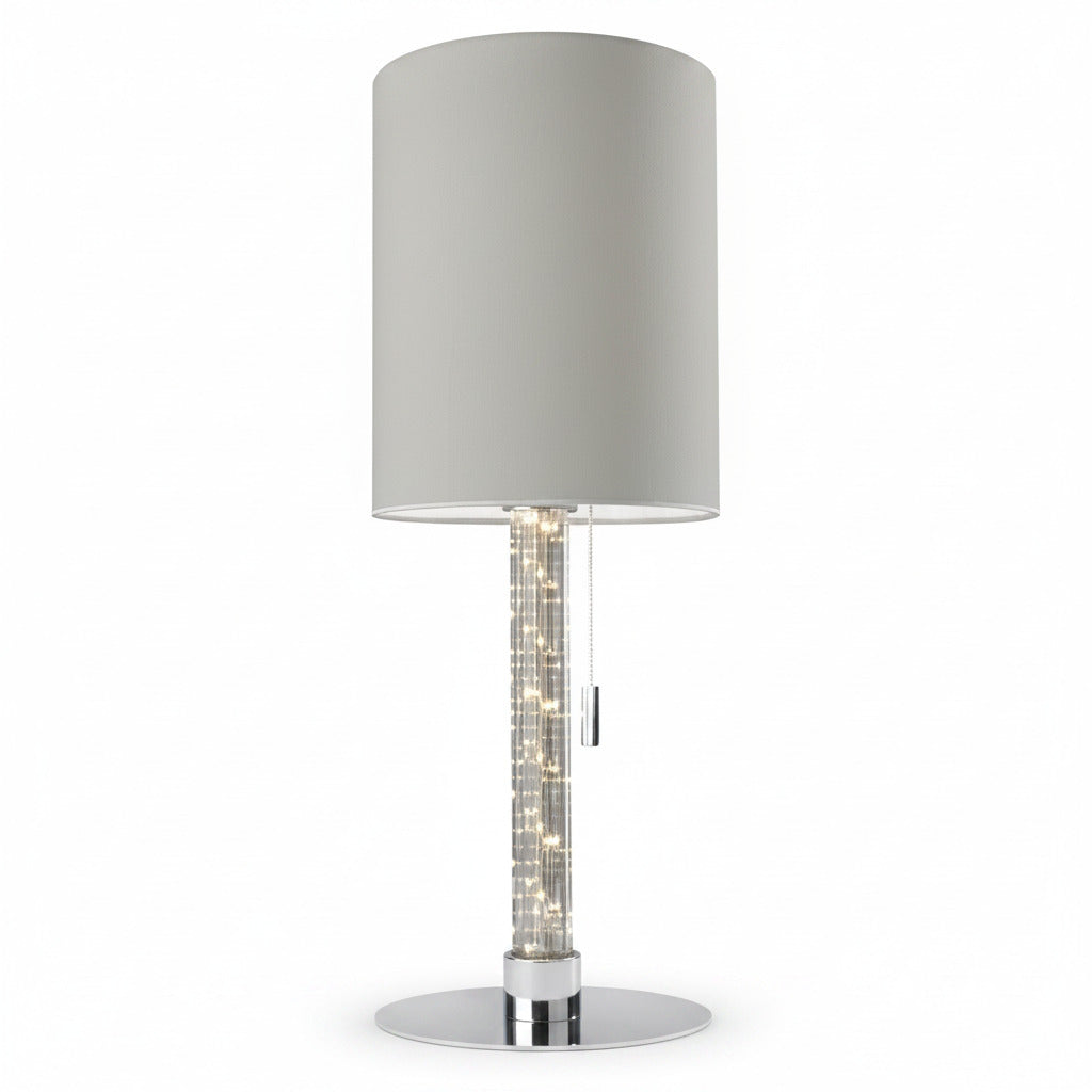 Runde Tischleuchte mit LED Lichtsäule Single Stoff hell grau Tischlampe