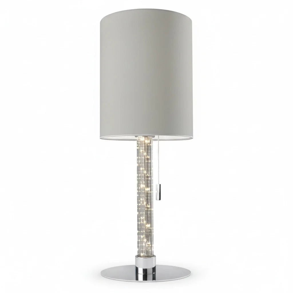 Runde Tischleuchte mit LED Lichtsäule Single Stoff hell grau Tischlampe