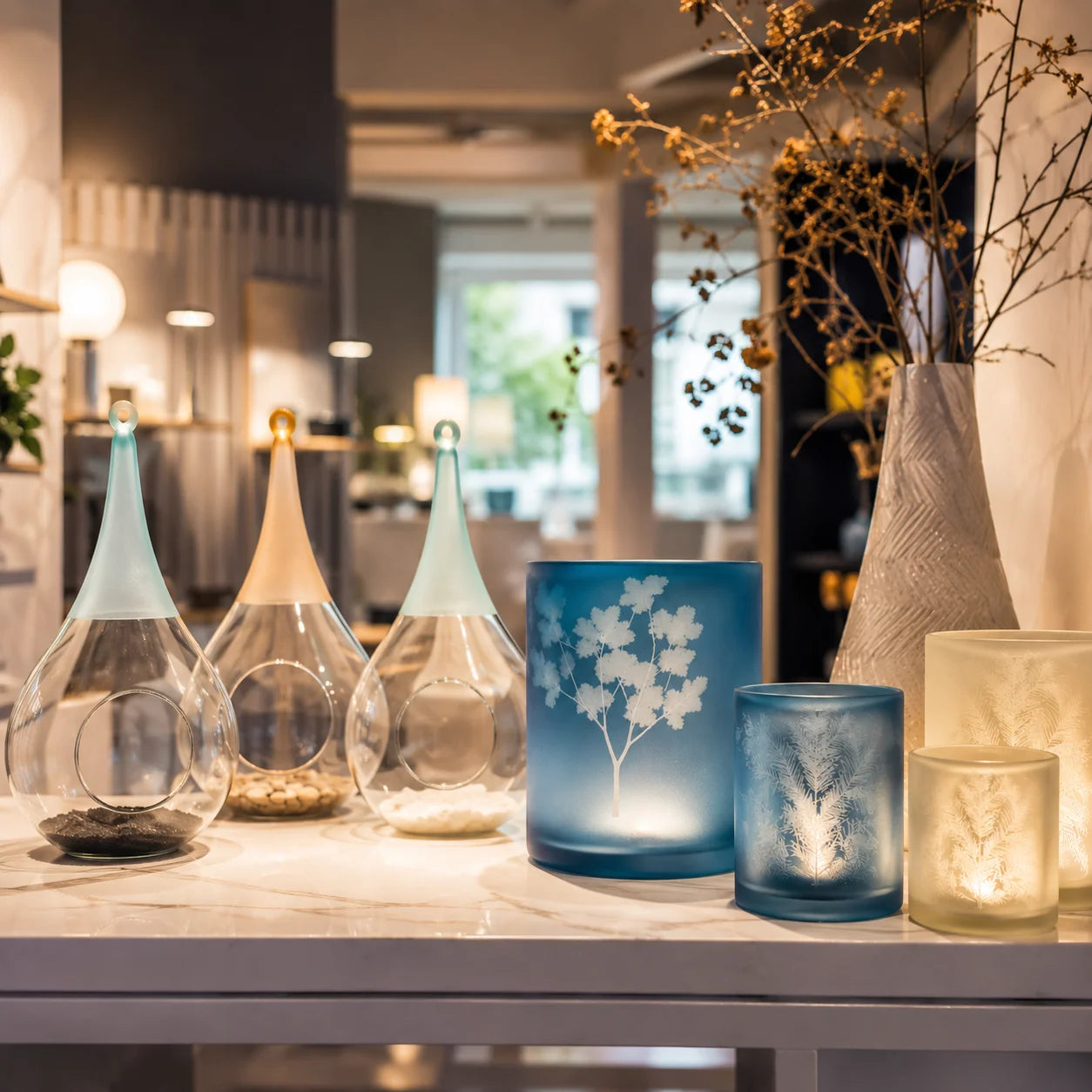Dekorative Leuchten, Teelichthalter und Windlichter aus Glas im SAASIL Showroom in Wuppertal