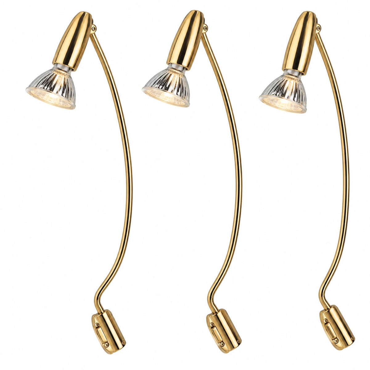 3 Schrankaufsatzleuchten in Gold glänzend mit langen geschwungenen Armen und schwenkbaren Halogen-Spots im Vintage-Stil