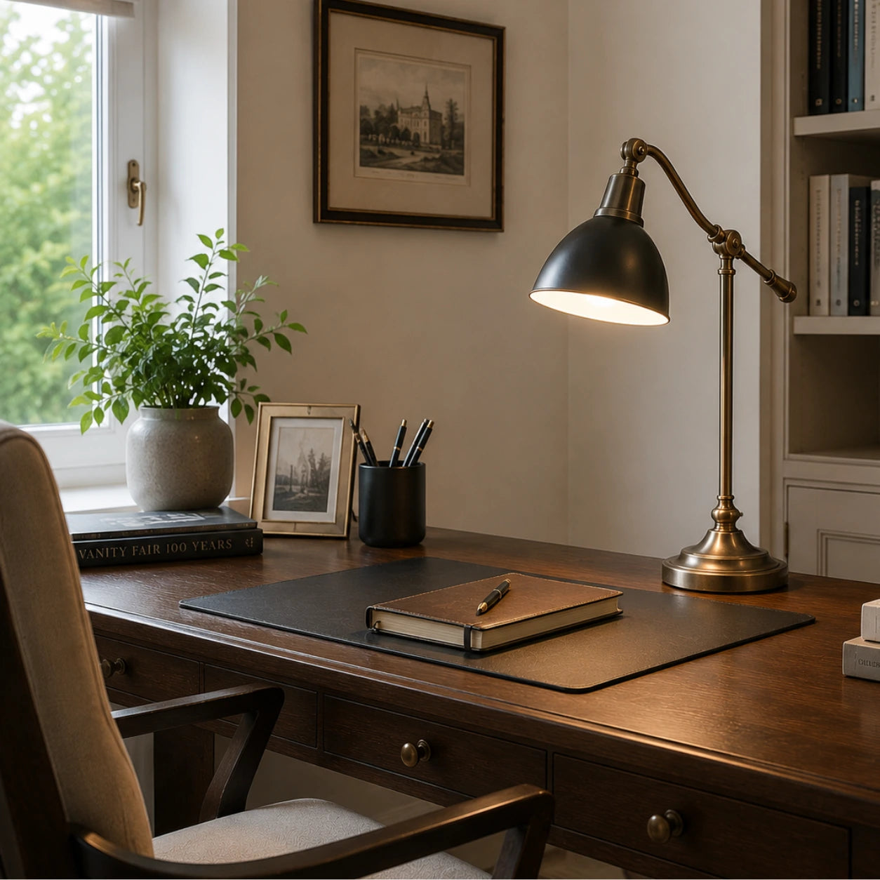 Klassische Schreibtischlampe in Schwarz und Messing auf Holzschreibtisch im stilvollen Arbeitszimmer
