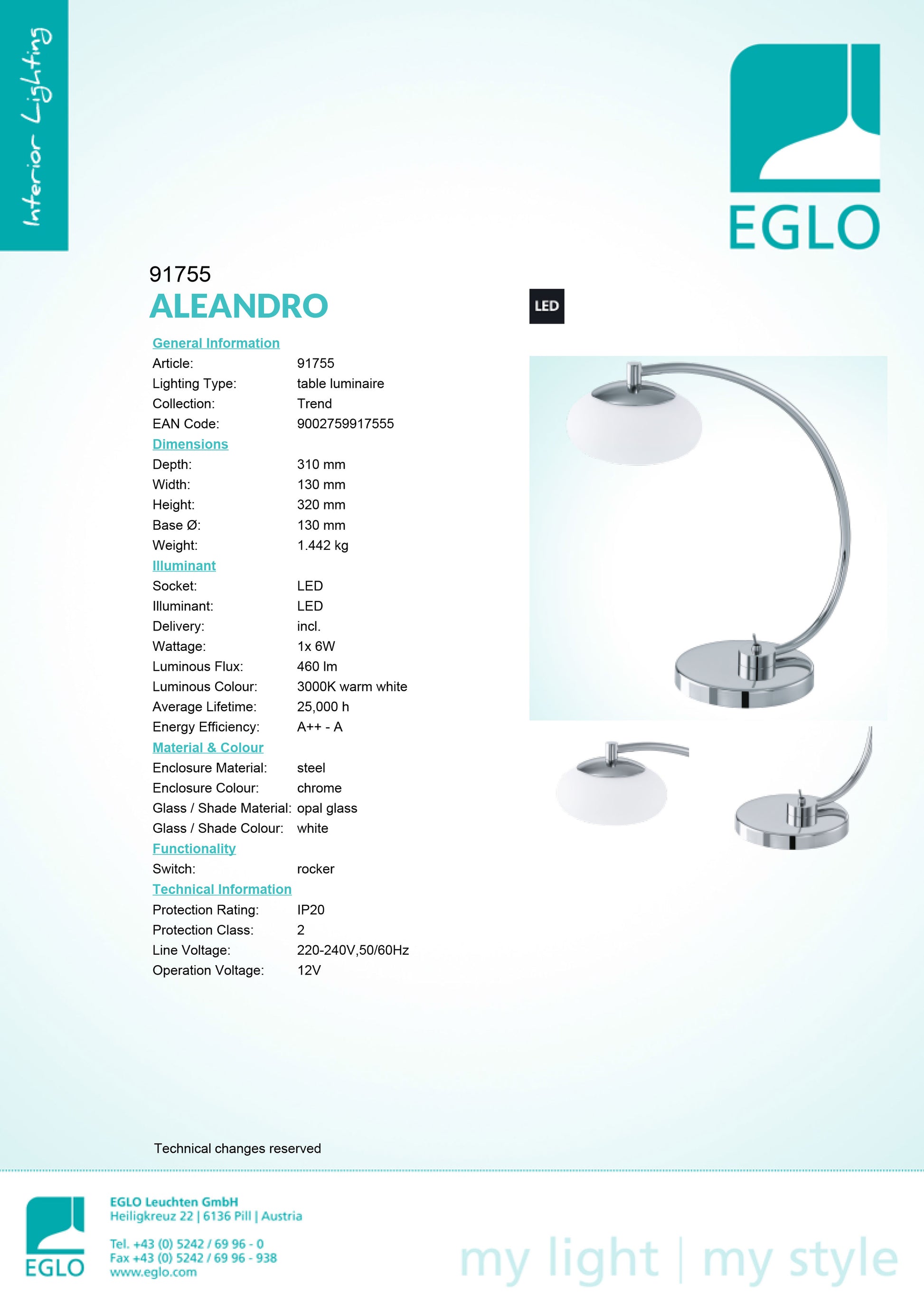 Produktblatt schreibtischleuchte led gebogen chrom mit glas weiss mit kippschalter aleandro eglo 91755