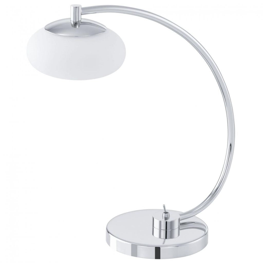 schreibtischleuchte led gebogen chrom mit glas weiss mit kippschalter aleandro eglo 91755