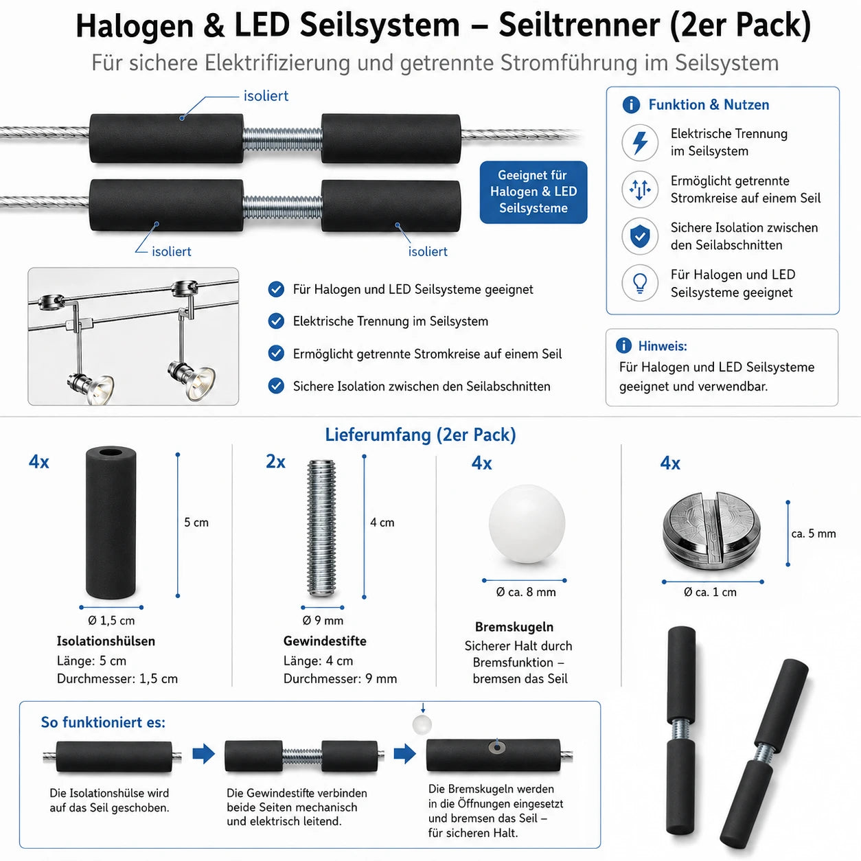 Schwarzer Paulmann Seilisolator 978.09 zur elektrischen Trennung von Seilabschnitten im Niedervolt-Seilsystem