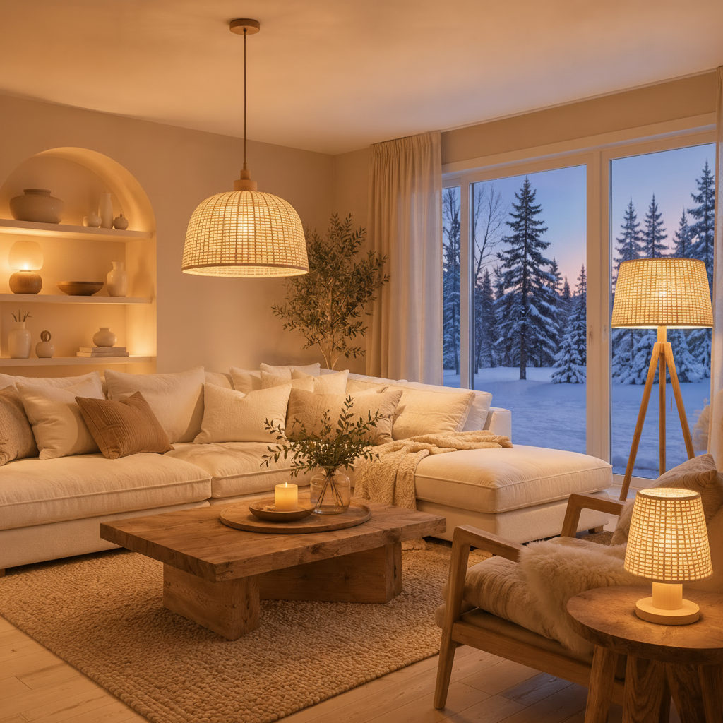 Skandinavisches Wohnzimmer mit Rattan-Pendelleuchte, Stehlampe und Tischlampe vor winterlichem Fenster.