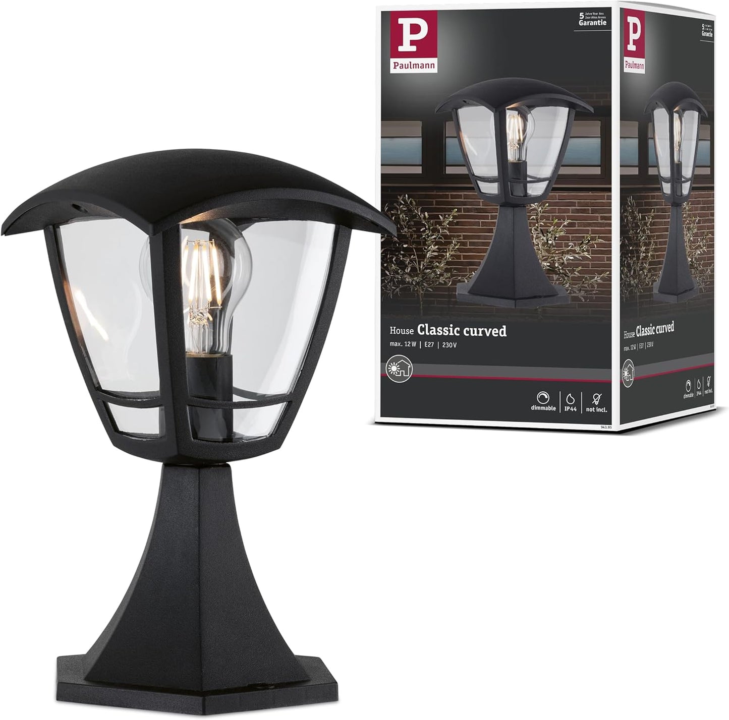 Sockelleuchte außen schwarz IP44 Classic curved E27 28cm