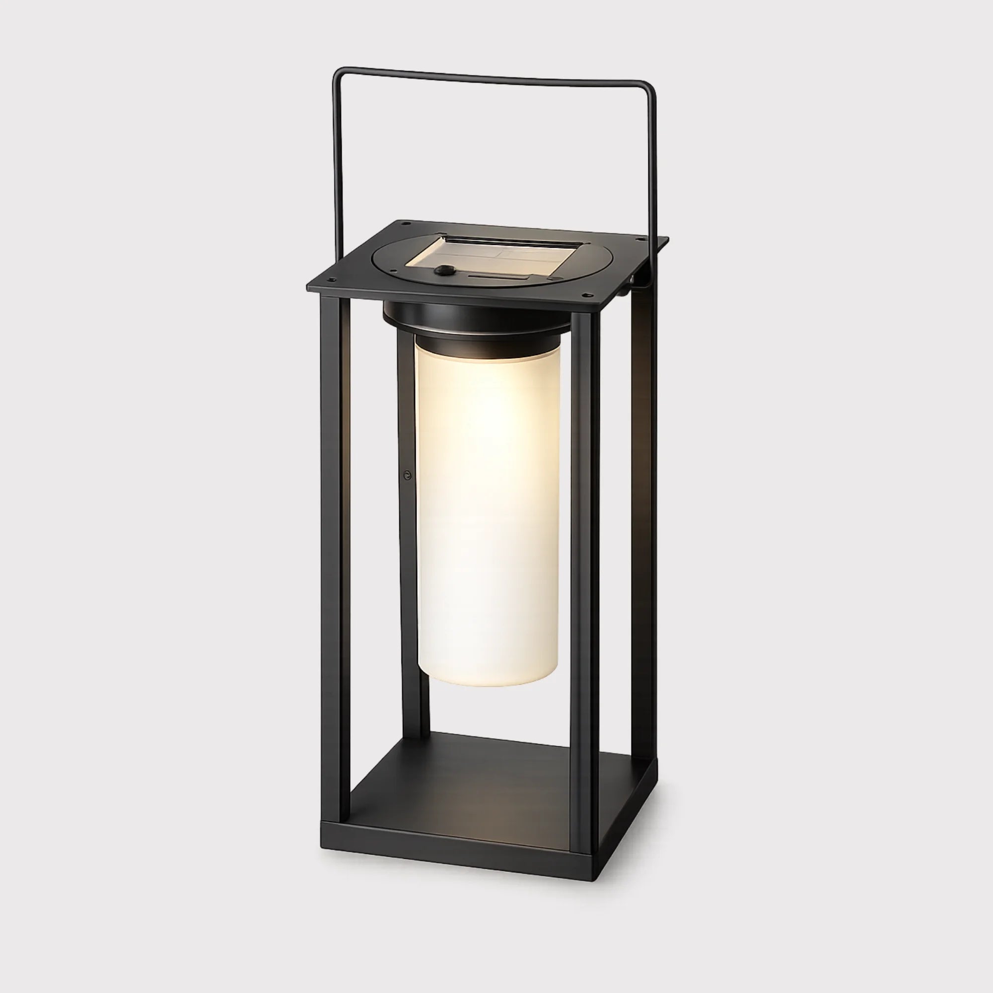 Moderne schwarze Solar-Laterne mit integriertem LED-Licht und Tragegriff für Garten, Terrasse und Balkon