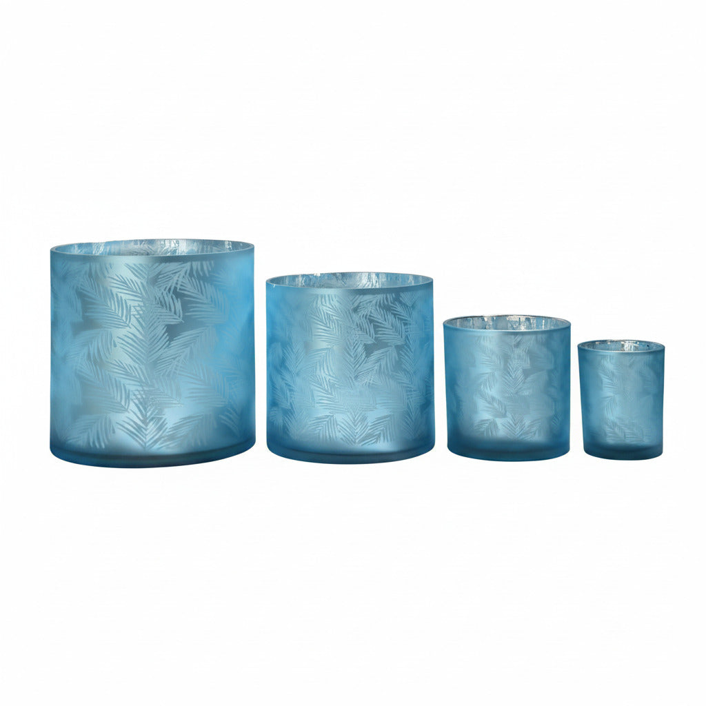 Windlicht Vase blau silber aus Glas mit Blattmuster 24,5cm