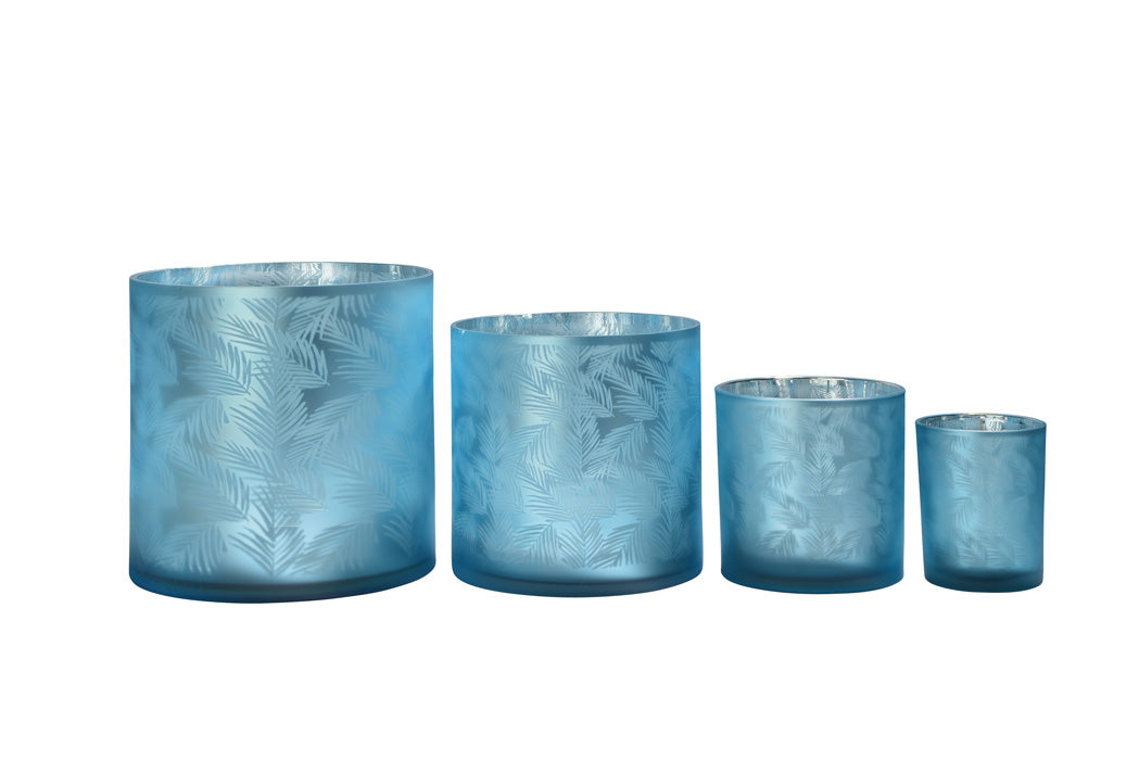 Windlicht Vase aus Glas blau silber mit Blattmuster 10cm