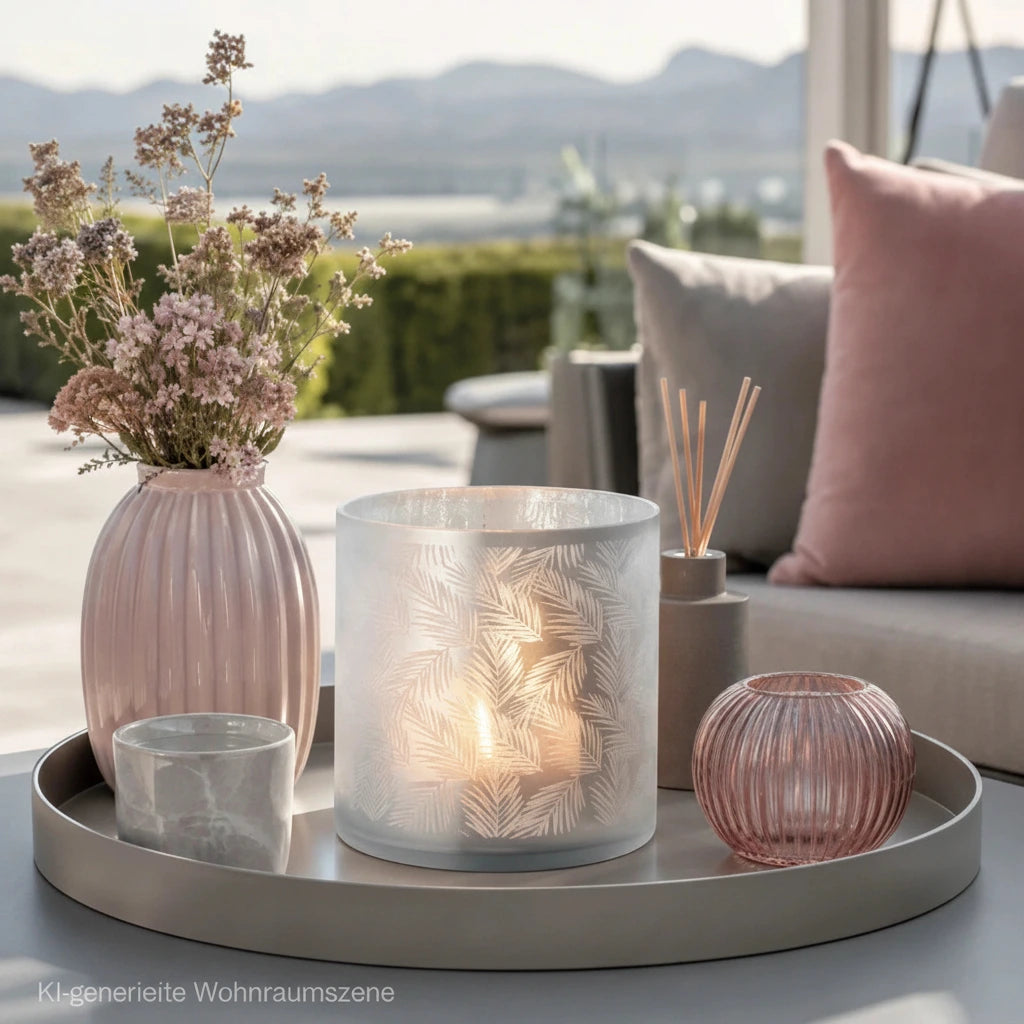 Sompex Awhia Windlicht aus weiß-silbernem Glas mit Farnmuster und leuchtender Kerze auf einer modernen Terrasse