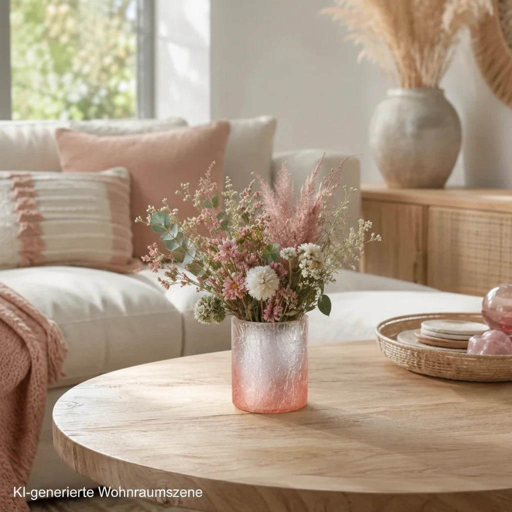 Pinker Sompex Crush Glas Teelichthalter als Mini-Vase mit Blumenstrauß auf einem Couchtisch im Boho-Wohnzimmer