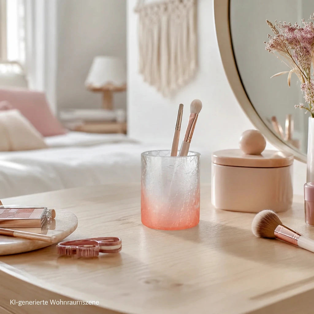 Pinker Sompex Crush Glas Teelichthalter als Aufbewahrung für Schminkpinsel auf einem Boho-Schminktisch