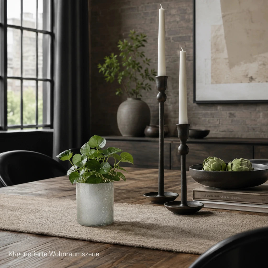 Sompex Crush Glas Windlicht in Grau mit kleiner grüner Zimmerpflanze auf einem Esstisch im Industrial-Stil