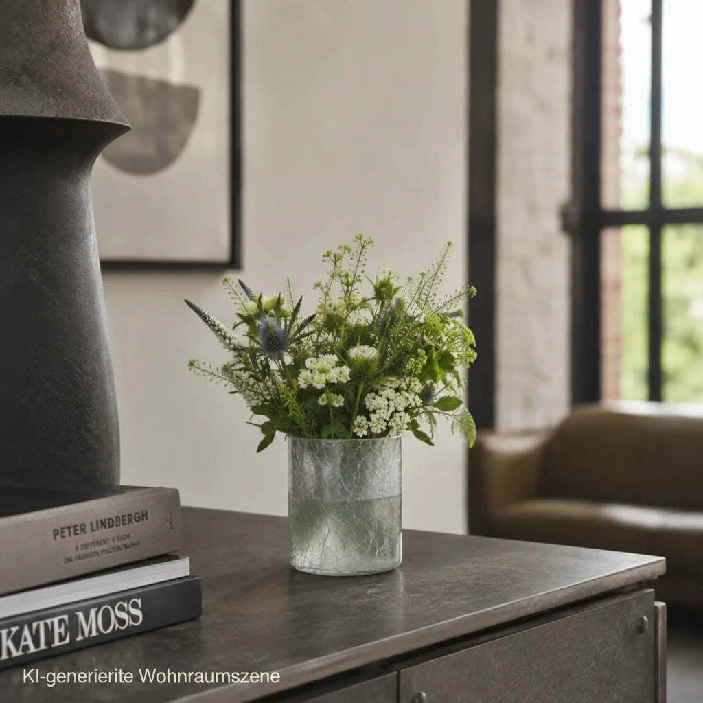 Grauer Sompex Teelichthalter aus Crush Glas mit Blumenstrauß auf einem Sideboard im modernen Industrial-Wohnzimmer