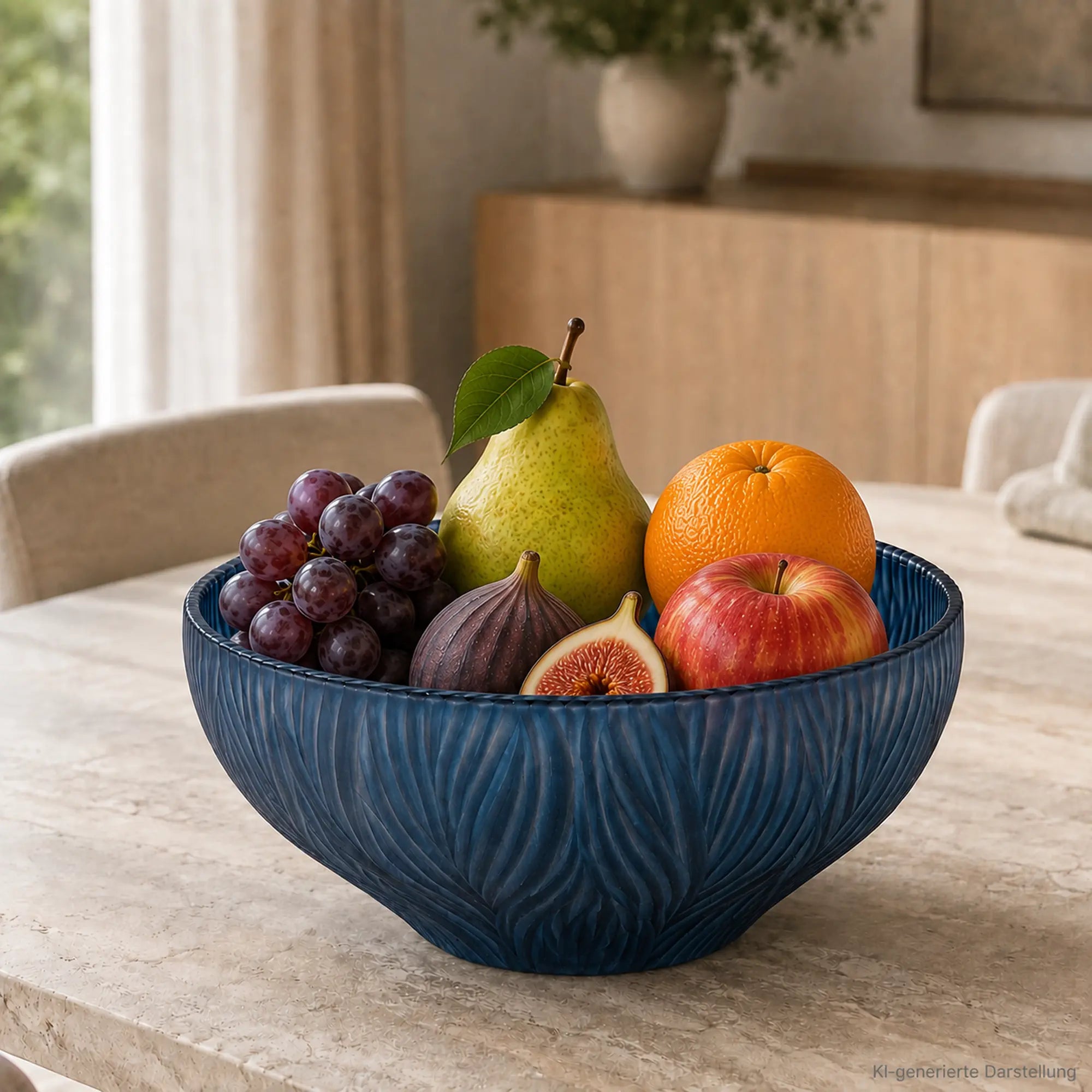 Blaue Sompex DINAH Obstschale aus Glas mit Trauben, Birne, Orange, Apfel und Feigen auf einem Esstisch, SW13399