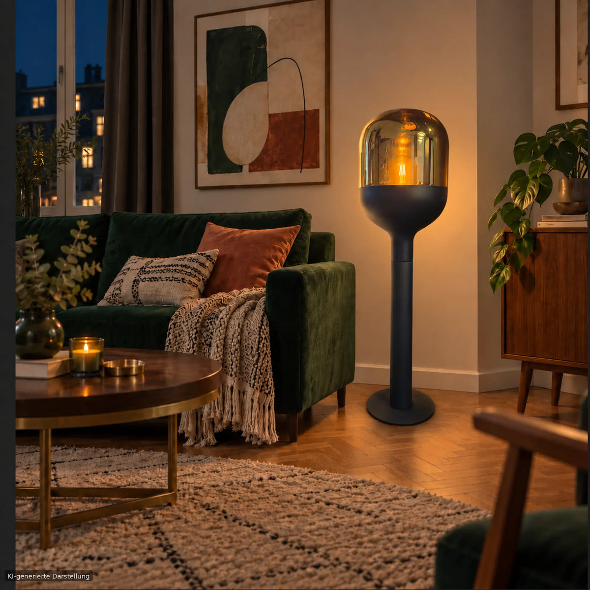 Stehlampe Schwarz Gold mit Amber-Glas-Sompex