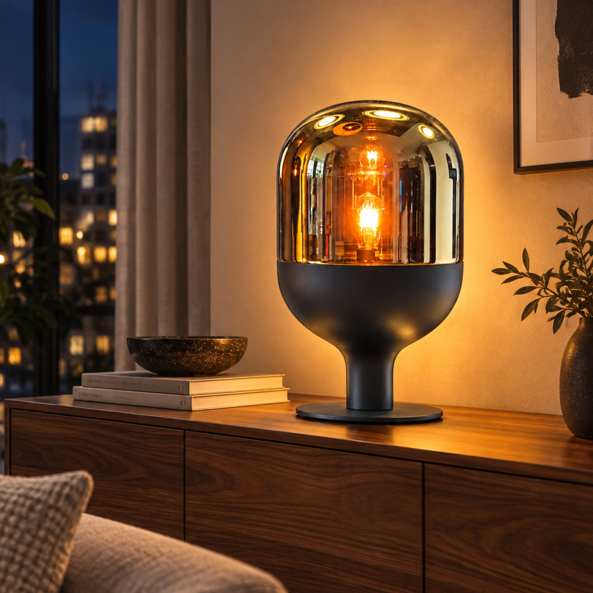 Sompex Dome XXL Tischlampe in Amber auf einem Sideboard im modernen Wohnzimmer.