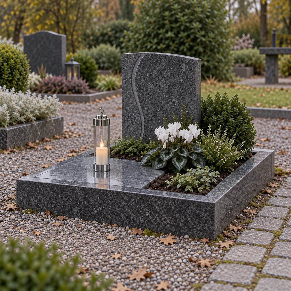 Sompex Elle Gedenklicht in Chrom mit Klarglas auf einem Urnengrab; LED-Kerzen nicht enthalten