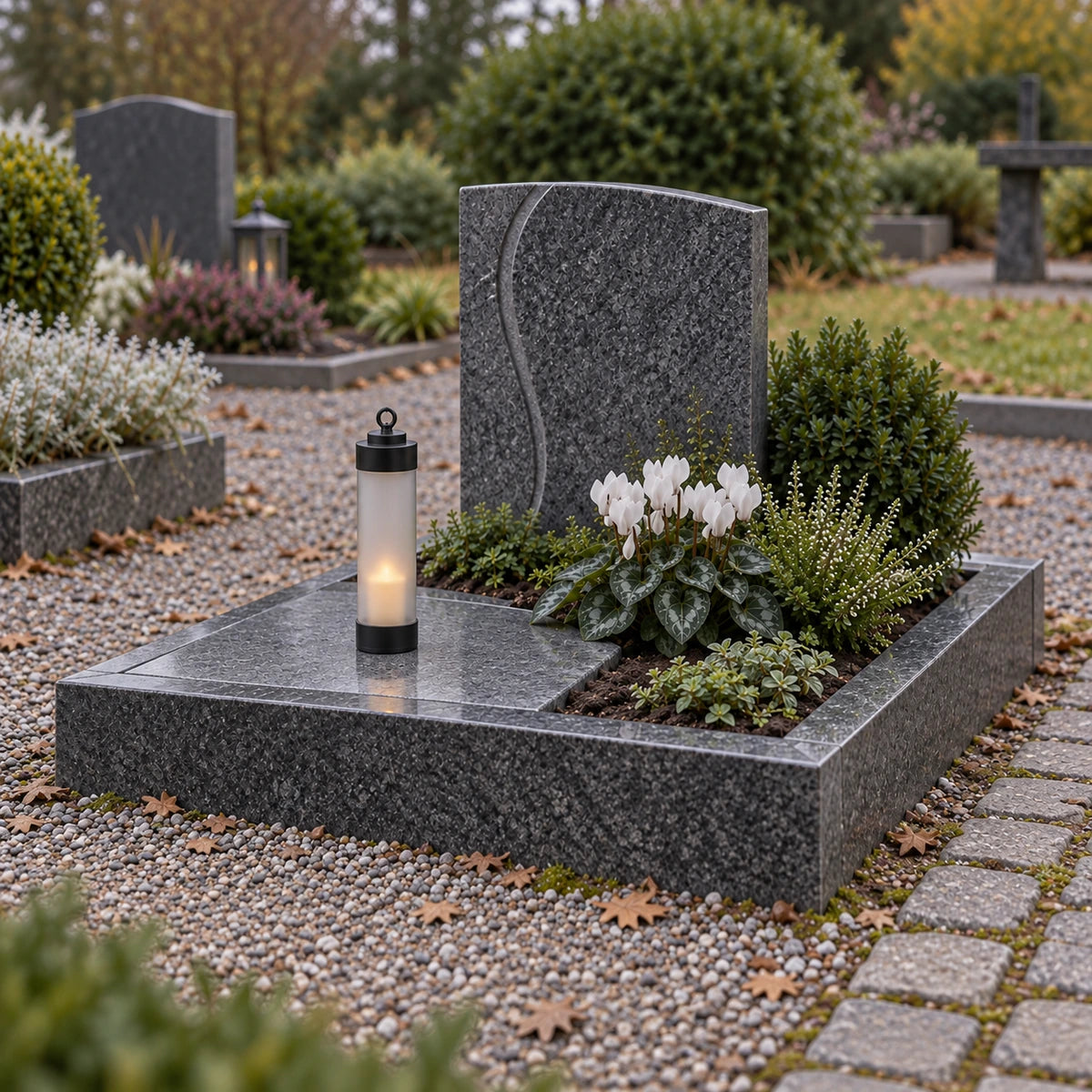 Sompex Elle Grablicht in Schwarz mit sandgestrahltem Glas auf einem Urnengrab; LED-Kerzen nicht enthalten