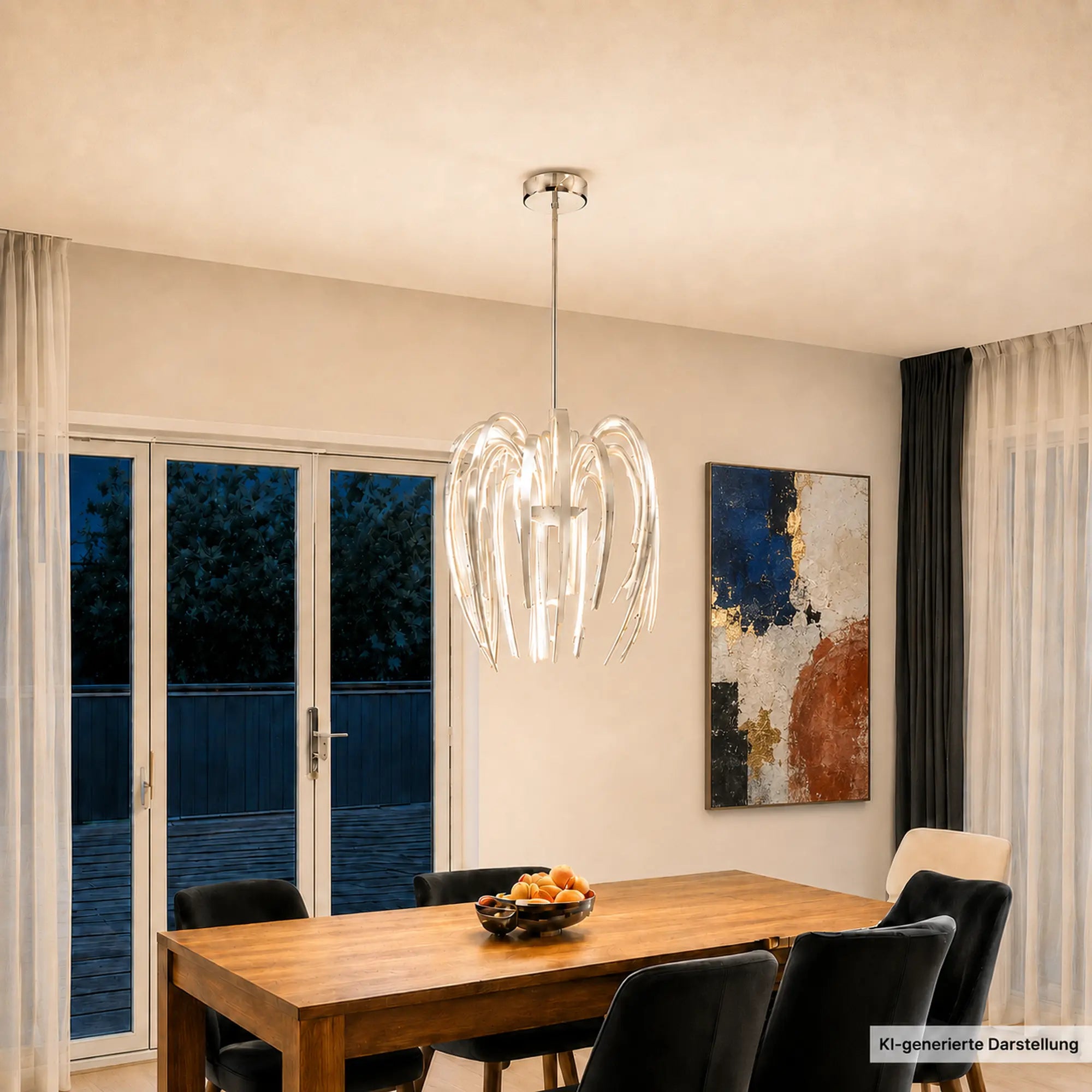Sompex LEAVE LED Pendelleuchte aus gebürstetem Aluminium über einem Holzesstisch -SW13373
