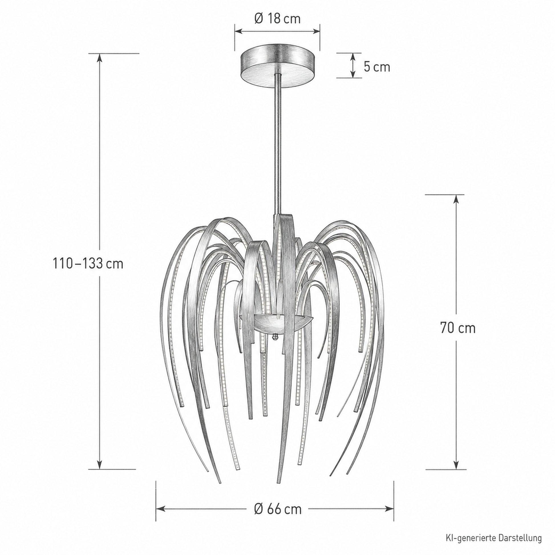Technische Bleistiftskizze der Sompex LEAVE LED Pendelleuchte mit Ø 66 cm, 70 cm Leuchtenhöhe, Gesamthöhe 110–133 cm und Deckenbaldachin Ø 18 × 5 cm, Artikelnummer SW13373