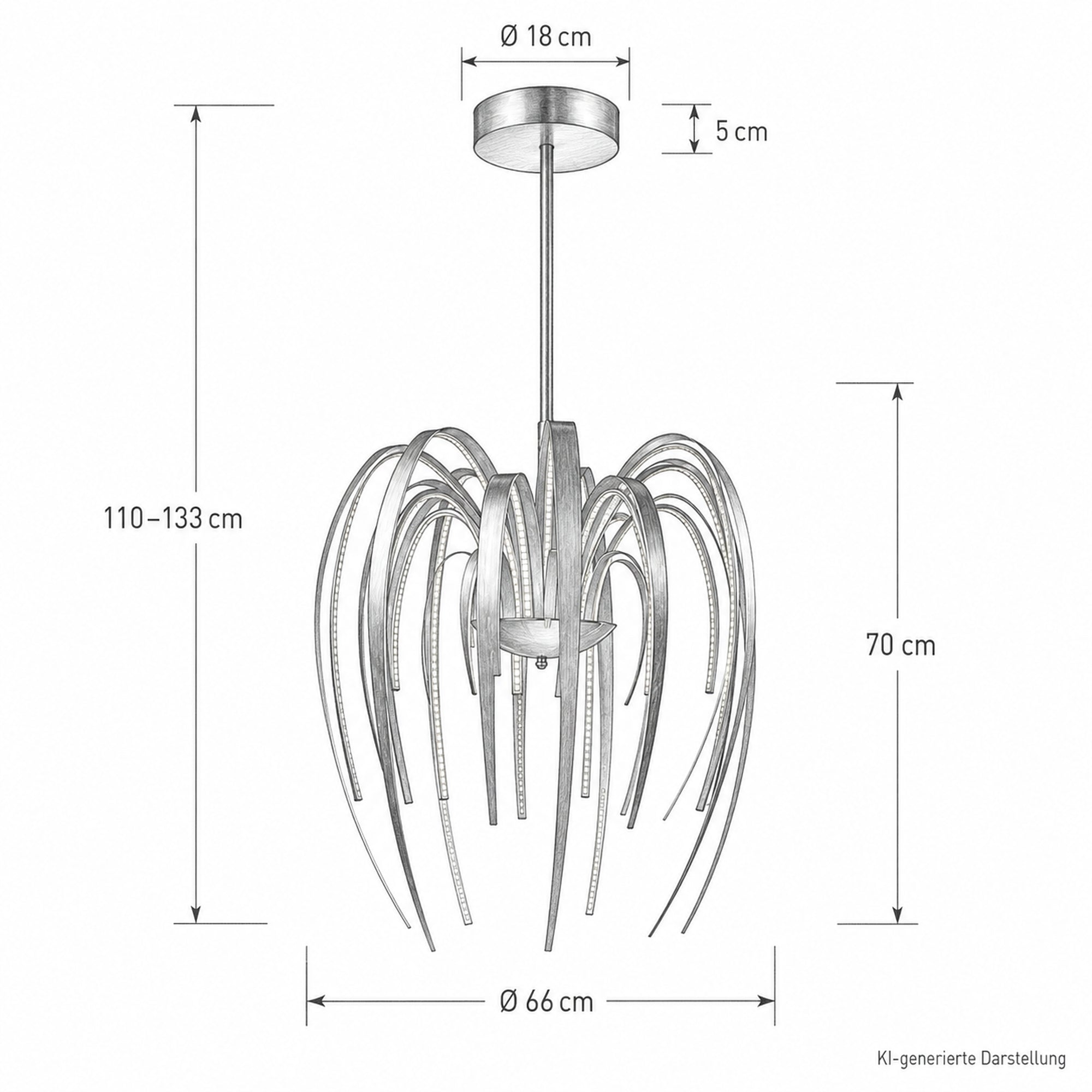 Technische Bleistiftskizze der Sompex LEAVE LED Pendelleuchte mit Ø 66 cm, 70 cm Leuchtenhöhe, Gesamthöhe 110–133 cm und Deckenbaldachin Ø 18 × 5 cm, Artikelnummer SW13373