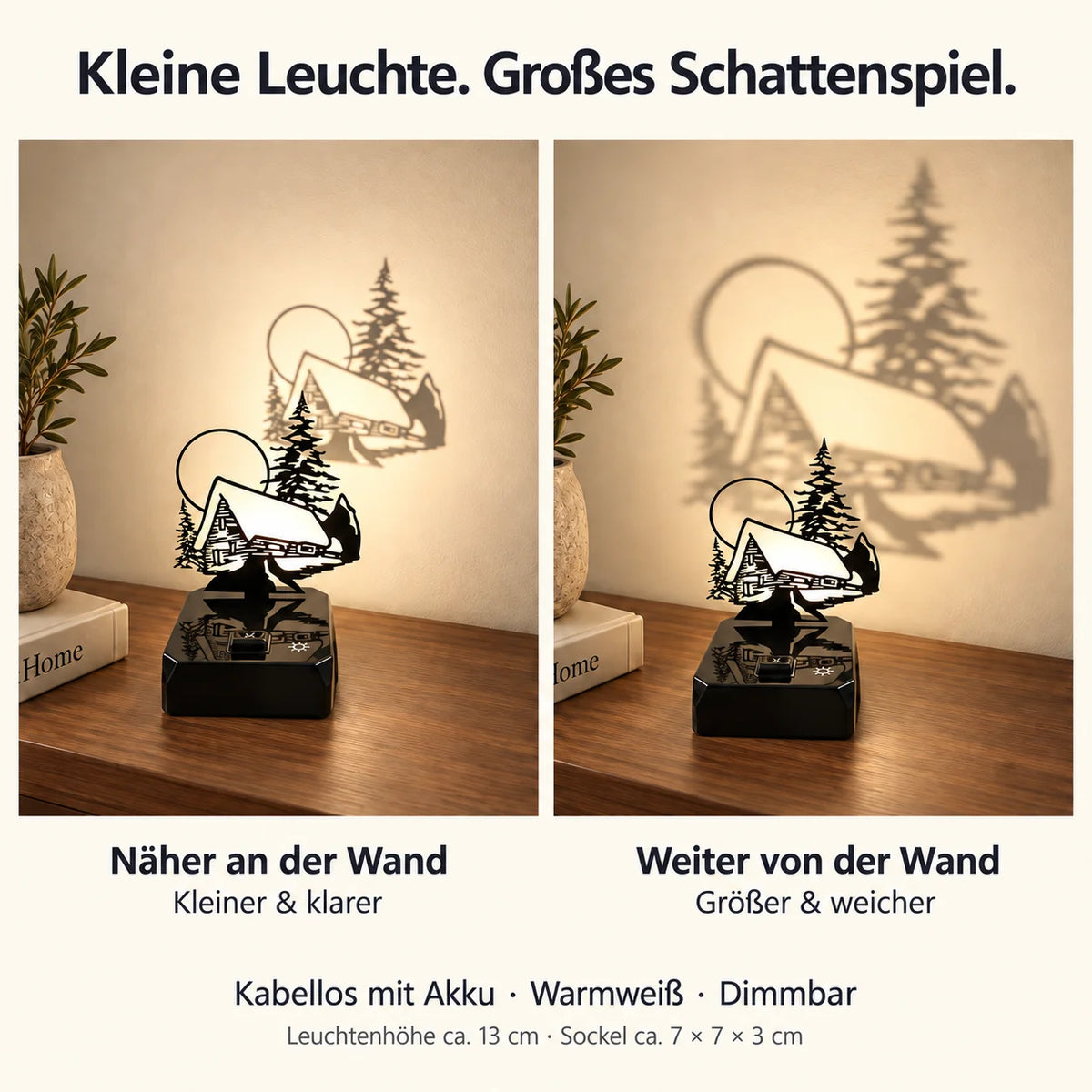 Sompex LED-Tischlampe Shadow mit Hüttenmotiv – Schattenspiel je nach Wandabstand