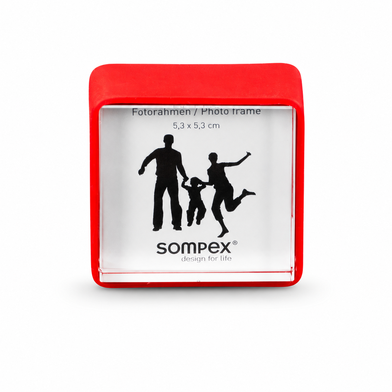 Sompex Mini Bilderrahmen 5 × 5 cm in Rot mit klaren Glasscheiben und beidseitiger Nutzung .