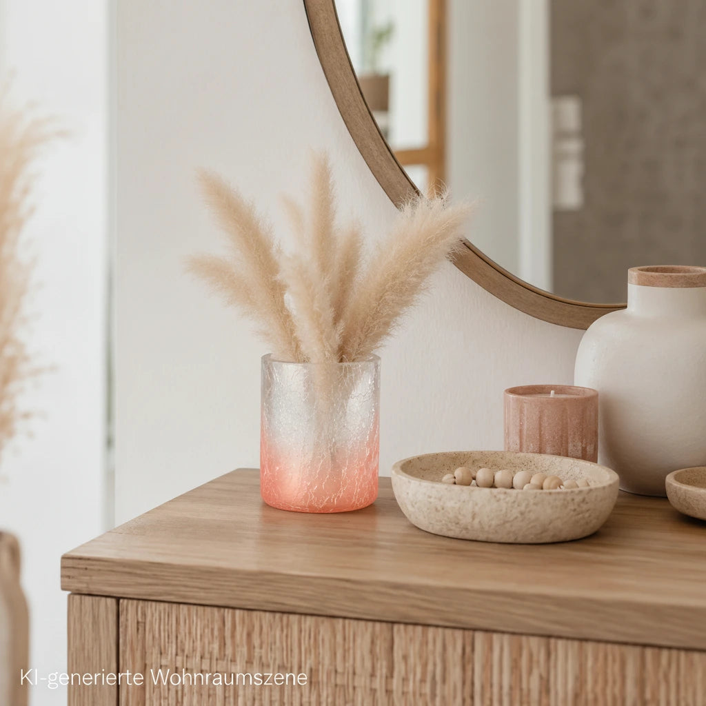 Sompex Crush Glas Mini-Vase in Pink mit Pampasgras auf einer Holzkonsole im modernen Boho-Flur