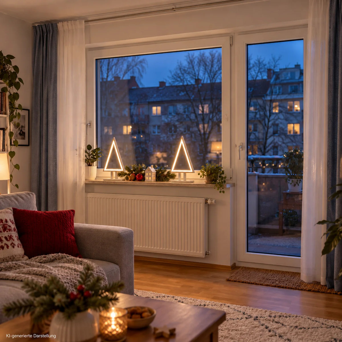Zwei Sompex PINE WOOD LED Tannenbaum-Tischlampen aus weißem Holz, als weihnachtliche Fensterdekoration .
