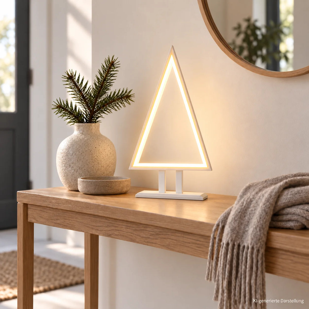 Sompex PINE WOOD LED Tannenbaum-Tischlampe aus weißem Holz, Artikel SW12870, leuchtend auf einer schmalen Holzkonsole mit winterlicher Dekoration.