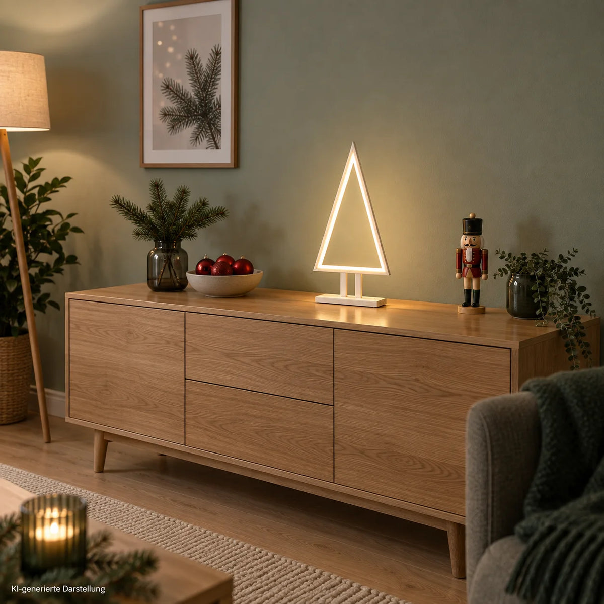 Sompex PINE WOOD LED Tannenbaum-Tischlampe aus weißem Holz, als leuchtende Weihnachtsdekoration auf einem Sideboard im Wohnzimmer.