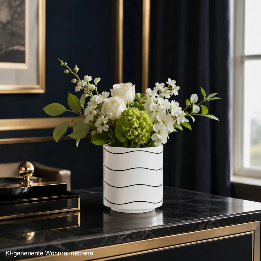 Kleine weiße Sompex Porzellan-Vase mit Blumenstrauß auf einem Sideboard im dunkelblauen Art-Déco-Wohnzimmer