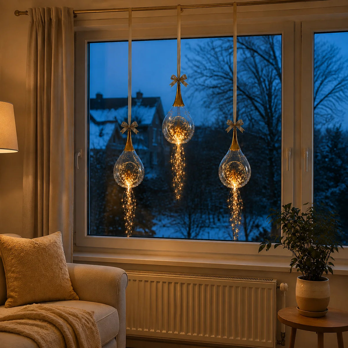 Drei Sompex Taura Gold Windlichter mit warmweißen Lichterketten als weihnachtliche Fensterdekoration