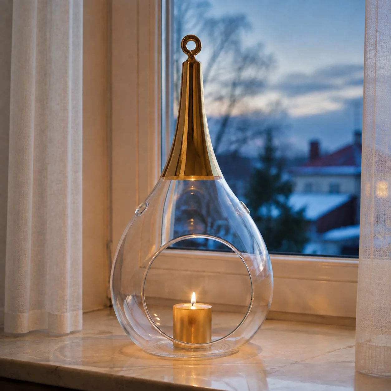 Sompex Taura Gold Windlicht aus Glas mit kleiner goldener Kerze auf einer Fensterbank
