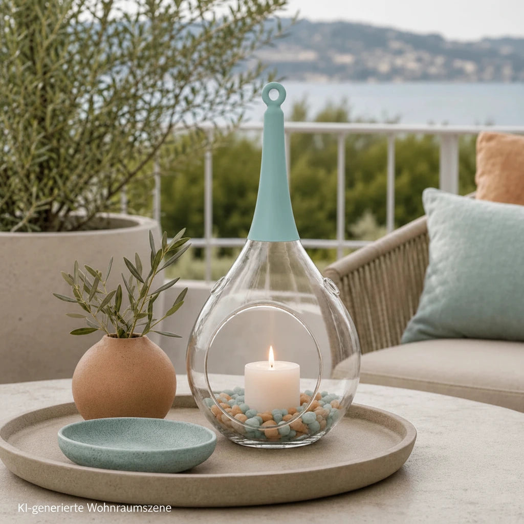 Sompex Taura Hängewindlicht aus klarem Glas mit brennender Kerze auf einer Terrasse in Blau, Beige und Orange